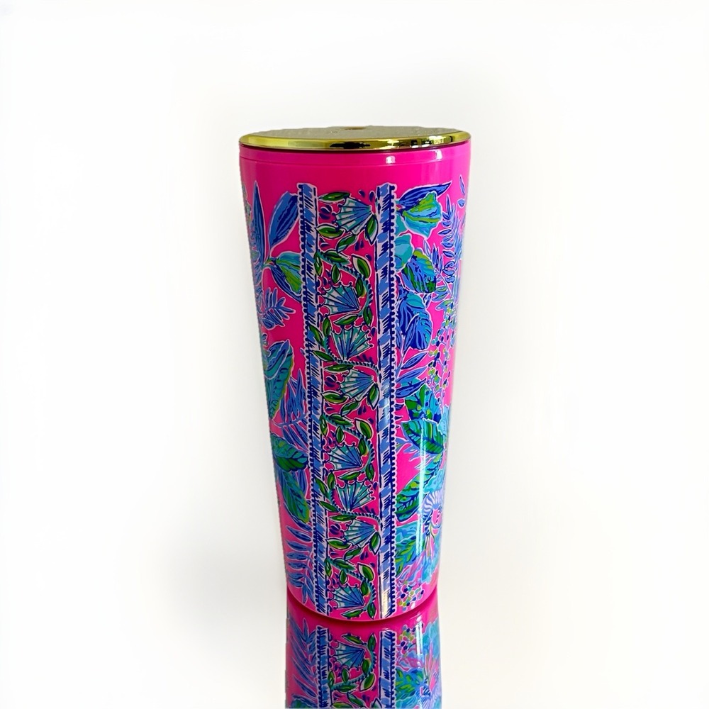 Lilly Pulitzer Hot Pink Blue‎ Plastic Travel Tumbler Cup 22 Oz No Straw Gold Lid